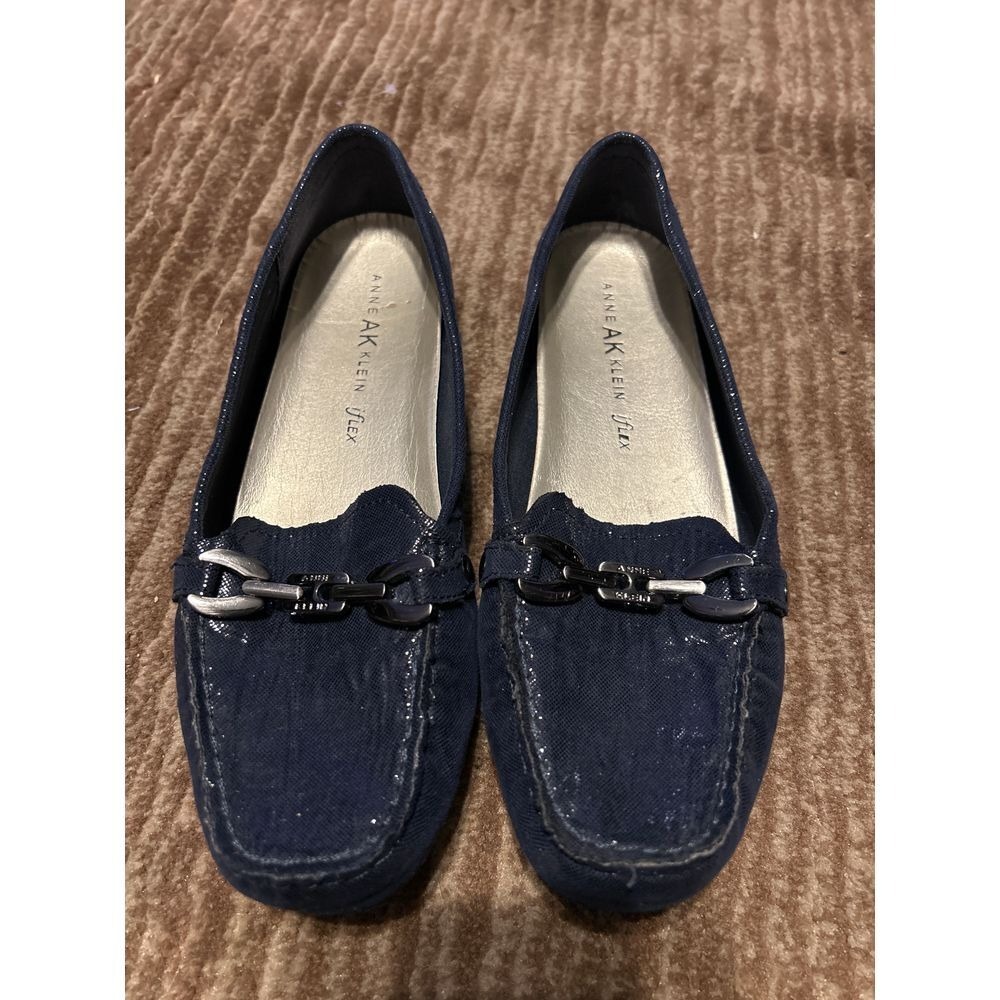 Anne Klein Navy Blue Suede Loafers with Metal Hardware Classic Driving Moccasins